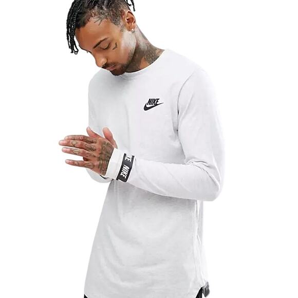 Nike The Nike Tee Long Sleeve Cuff Logo T-Shirt Curved Hem Side Slits Gray L - Picture 1 of 6